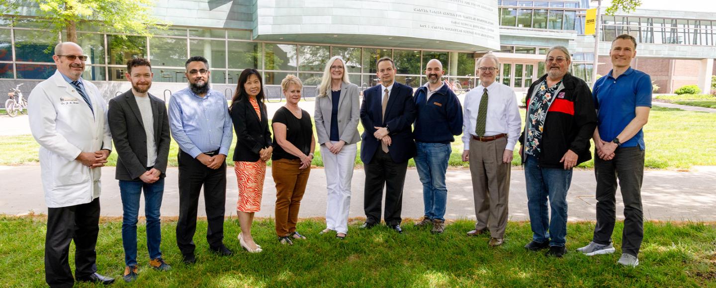 Members of the NET SPORE team include (from left): James Howe, MD, Michael O’Rorke, PhD, Muhammad Furqan, MD, Po Hien Ear, PhD, Ann Sieren, Dawn Quelle, PhD, Yusuf Menda, MD, Andrew Bellizzi, MD, Joseph Dillon, MD, Douglas Spitz, PhD, and Patrick Breheny, PhD.