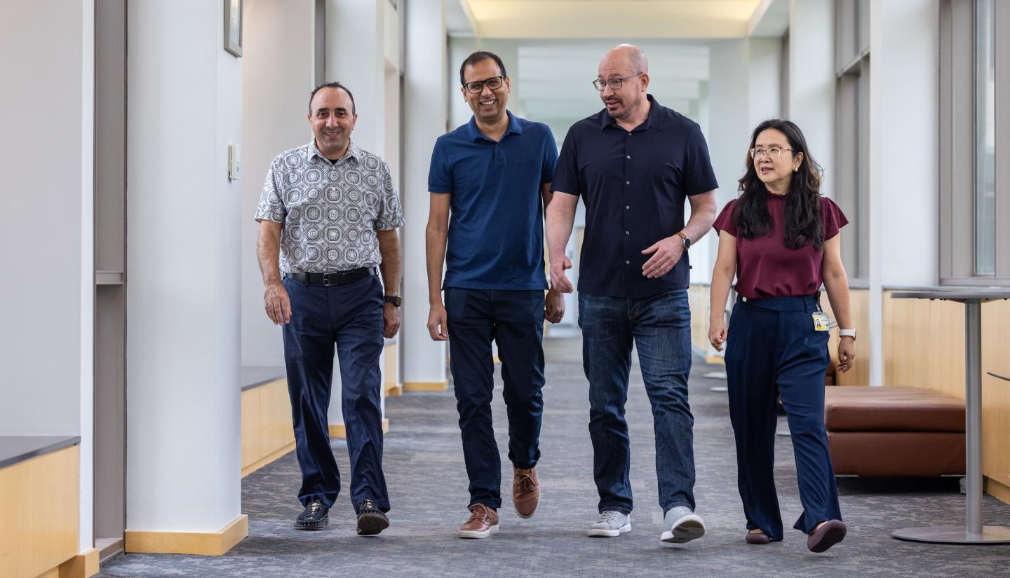 Researchers and members of the UI Fraternal  Order of Eagles Diabetes Research Center  (from left): Kamal Rahmouni, Bhagirath  Chaurasia, Eric Taylor, and Ling Yang