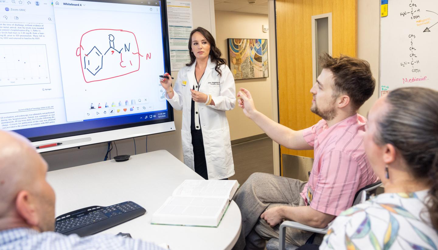 Jami Hagemann leads a  discussion with medical  toxicology colleagues.