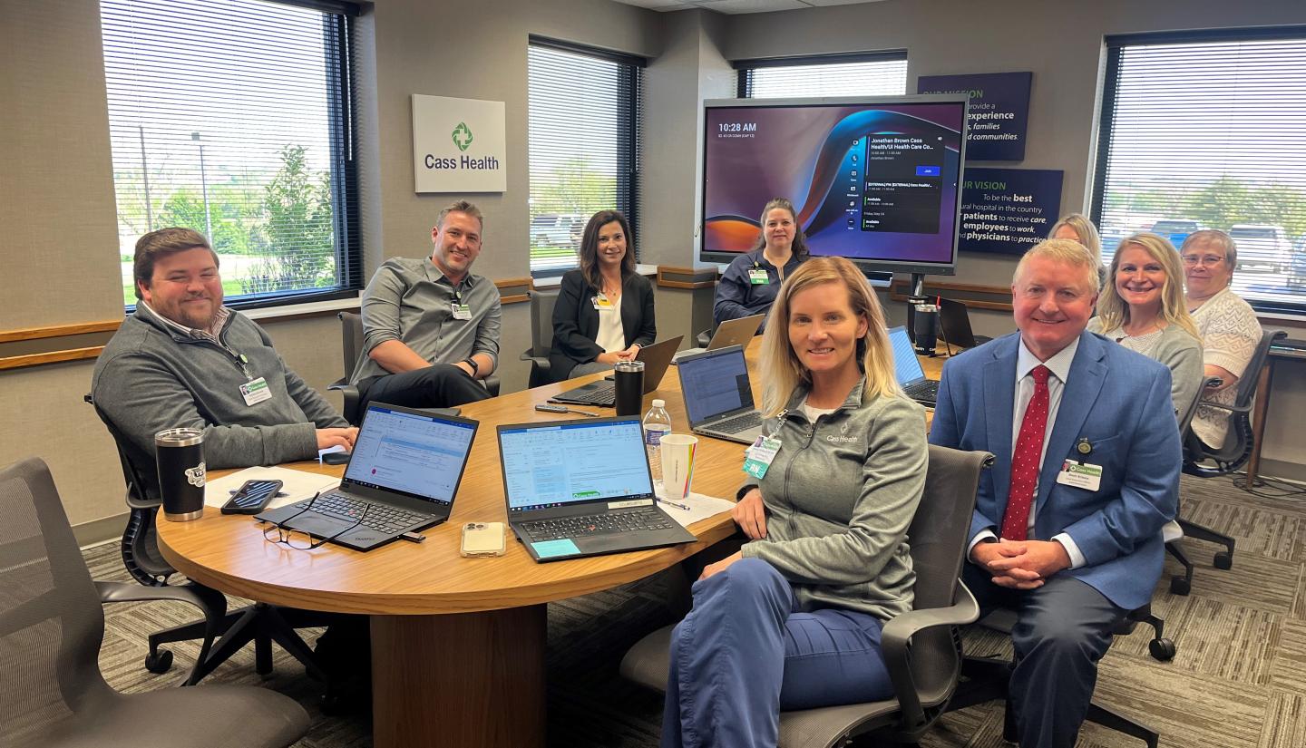 A Community Connect Iowa team meeting with staff members at Cass Health in Atlantic, Iowa.