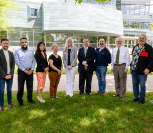 Members of the NET SPORE team include (from left): James Howe, MD, Michael O’Rorke, PhD, Muhammad Furqan, MD, Po Hien Ear, PhD, Ann Sieren, Dawn Quelle, PhD, Yusuf Menda, MD, Andrew Bellizzi, MD, Joseph Dillon, MD, Douglas Spitz, PhD, and Patrick Breheny, PhD.