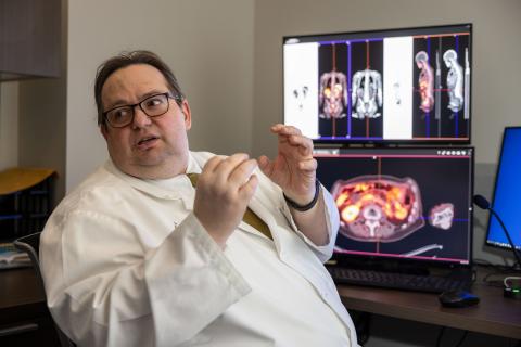 Yusuf Menda, MD, professor and director of the nuclear medicine division in the UI Department of Radiology, is part of a team of researchers and clinicians at Iowa with expertise in theranostics, which leverages nuclear medicine's imaging expertise with radiation oncology's cancer treatment prowess. With theranostics, treatments target only cancer cells, and radiation doses can be calculated specifically to a patient, based on a precise visualization of tumor cell receptors.
