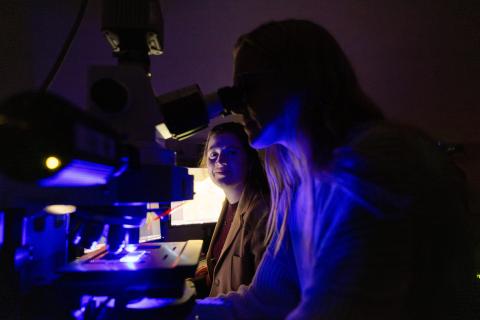 Banu Gumusoglu with Samantha Anema, a student in the Interdisciplinary Graduate Program in Neuroscience.