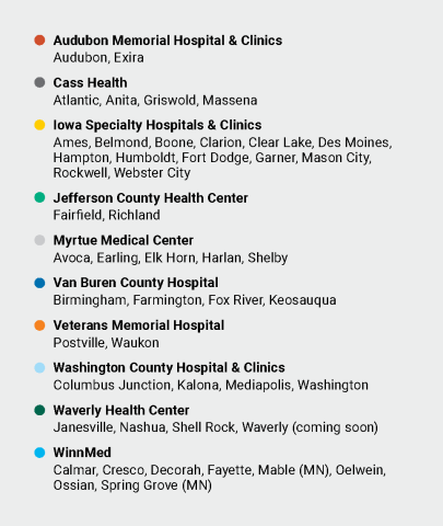 List of hospitals supported through the University of Iowa Health Care’s Community Connect Iowa program: Audubon Memorial Hospital & Clinics, Cass Health, Iowa Specialty Hospitals & Clinics, Jefferson County Health Center, Myrtue Medical Center, Van Buren County Hospital, Veterans Memorial Hospital, Washington County Hospital & Clinics, Waverly Health Center, WinnMed.