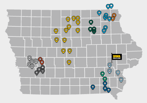 A map of Iowa showing 48 locations around the state supported through the University of Iowa Health Care’s Community Connect Iowa program.