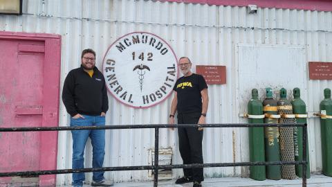 Isaiah Reeves (20MD) and Jon Ahrendsen (82MD) are Iowa alumns who were both were coincidentally stationed to serve the community of research scientists and support staff who come to McMurdo from across the globe.